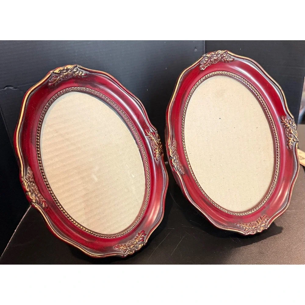 Oval 4x6 Picture Frames Burgundy Red Gold Victorian Scroll 2 Piece Set Ornate